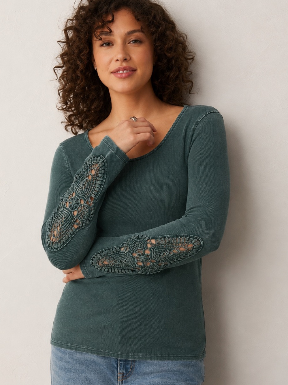Torrid Botanical Garden Green Long Sleeve Crochet Sleeve Ribbed Scoop Neck Sz 1X